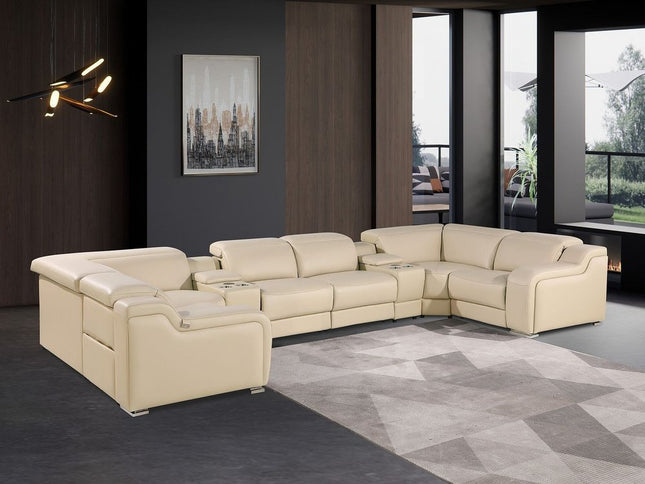 Beige Italian Leather Power Reclining U Shaped Eight Piece Corner Sectional With Console