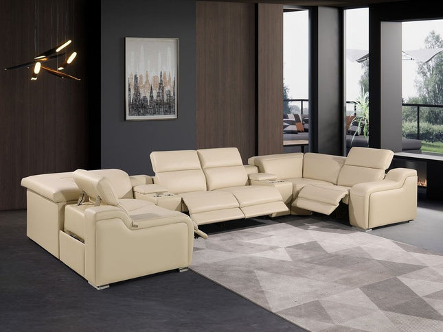 Beige Italian Leather Power Reclining U Shaped Eight Piece Corner Sectional With Console