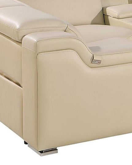 Beige Italian Leather Power Reclining U Shaped Eight Piece Corner Sectional With Console