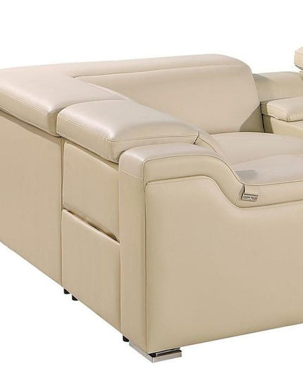 Beige Italian Leather Power Reclining U Shaped Eight Piece Corner Sectional With Console
