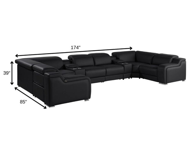 Black Italian Leather Power Reclining U Shaped Eight Piece Corner Sectional With Console