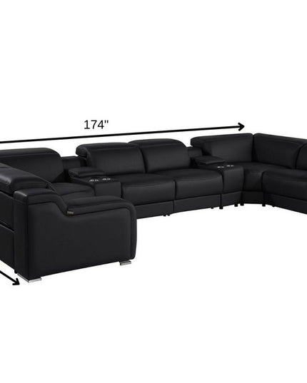 Black Italian Leather Power Reclining U Shaped Eight Piece Corner Sectional With Console