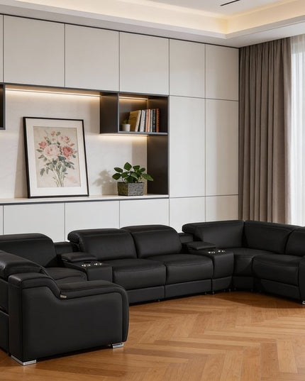 Black Italian Leather Power Reclining U Shaped Eight Piece Corner Sectional With Console