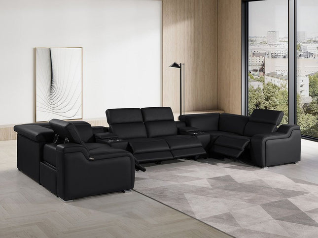 Black Italian Leather Power Reclining U Shaped Eight Piece Corner Sectional With Console
