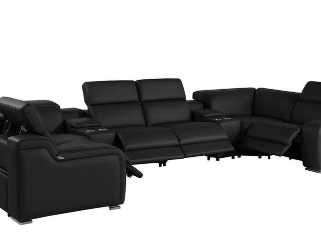 Black Italian Leather Power Reclining U Shaped Eight Piece Corner Sectional With Console
