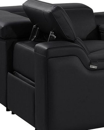 Black Italian Leather Power Reclining U Shaped Eight Piece Corner Sectional With Console