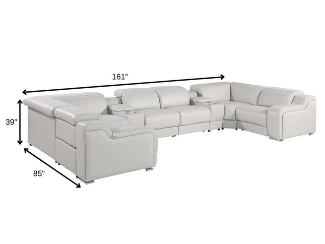 Light Gray Italian Leather Power Reclining U Shaped Eight Piece Corner Sectional With Console