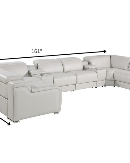 Light Gray Italian Leather Power Reclining U Shaped Eight Piece Corner Sectional With Console