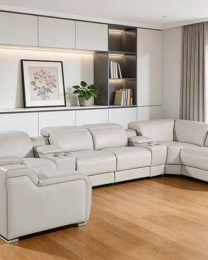 Light Gray Italian Leather Power Reclining U Shaped Eight Piece Corner Sectional With Console