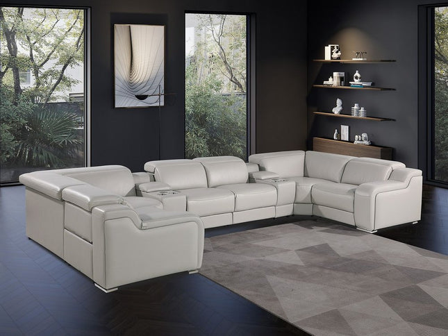 Light Gray Italian Leather Power Reclining U Shaped Eight Piece Corner Sectional With Console