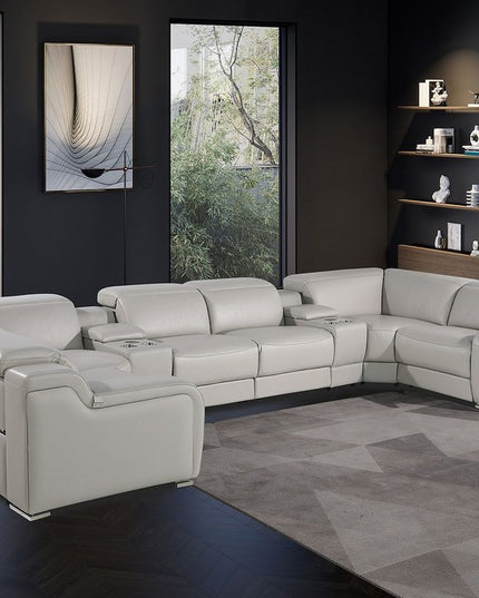 Light Gray Italian Leather Power Reclining U Shaped Eight Piece Corner Sectional With Console
