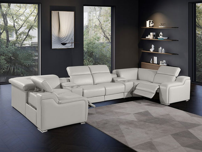 Light Gray Italian Leather Power Reclining U Shaped Eight Piece Corner Sectional With Console