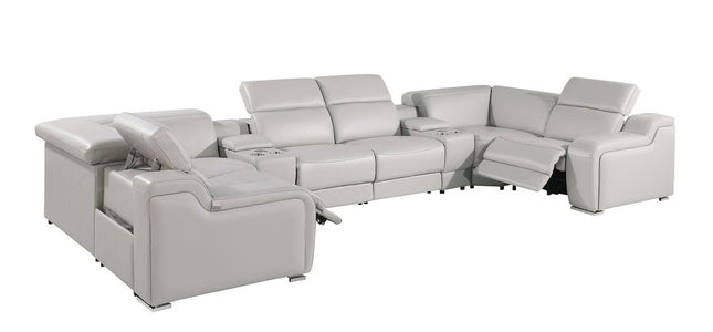 Light Gray Italian Leather Power Reclining U Shaped Eight Piece Corner Sectional With Console
