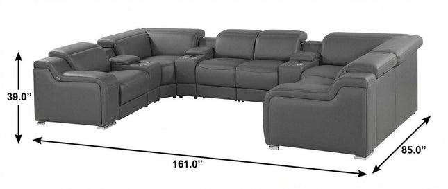 Dark Gray Italian Leather Power Reclining U Shaped Eight Piece Corner Sectional With Console