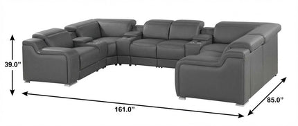 Dark Gray Italian Leather Power Reclining U Shaped Eight Piece Corner Sectional With Console