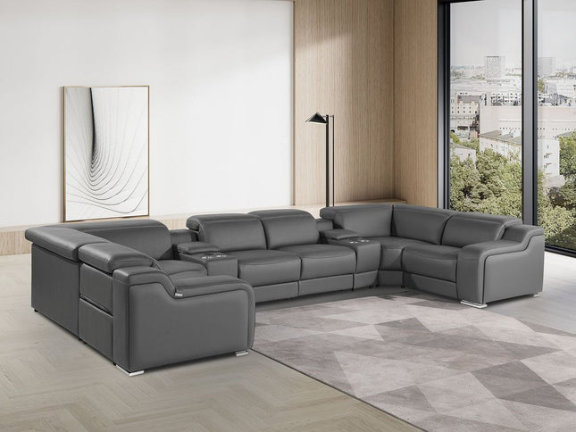 Dark Gray Italian Leather Power Reclining U Shaped Eight Piece Corner Sectional With Console