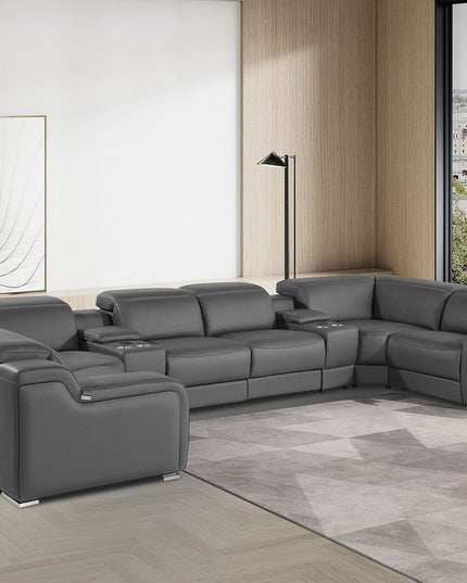 Dark Gray Italian Leather Power Reclining U Shaped Eight Piece Corner Sectional With Console