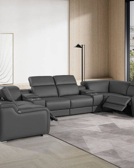 Dark Gray Italian Leather Power Reclining U Shaped Eight Piece Corner Sectional With Console