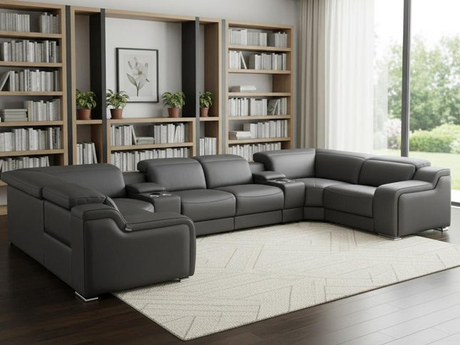 Dark Gray Italian Leather Power Reclining U Shaped Eight Piece Corner Sectional With Console