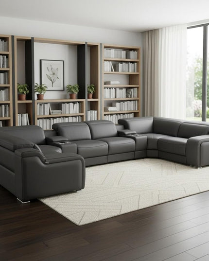 Dark Gray Italian Leather Power Reclining U Shaped Eight Piece Corner Sectional With Console