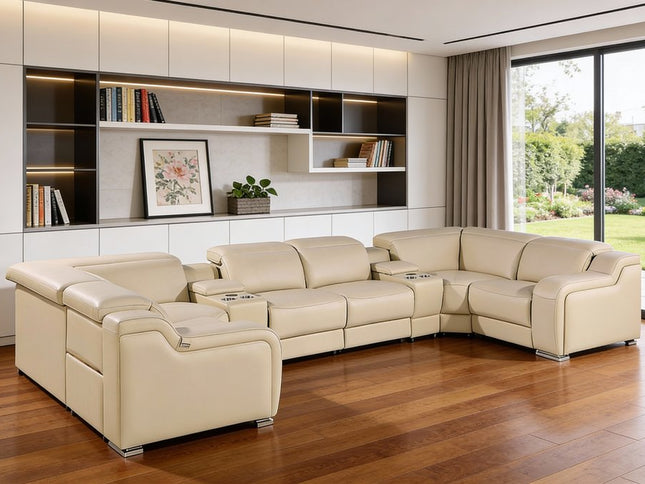 Beige Italian Leather Power Reclining U Shaped Eight Piece Corner Sectional With Console