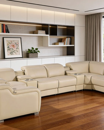Beige Italian Leather Power Reclining U Shaped Eight Piece Corner Sectional With Console