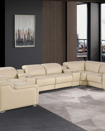 Beige Italian Leather Power Reclining U Shaped Eight Piece Corner Sectional With Console