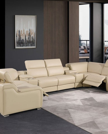 Beige Italian Leather Power Reclining U Shaped Eight Piece Corner Sectional With Console