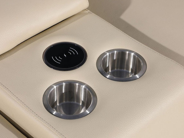 Beige Italian Leather Power Reclining U Shaped Eight Piece Corner Sectional With Console