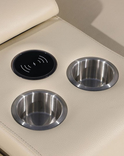 Beige Italian Leather Power Reclining U Shaped Eight Piece Corner Sectional With Console