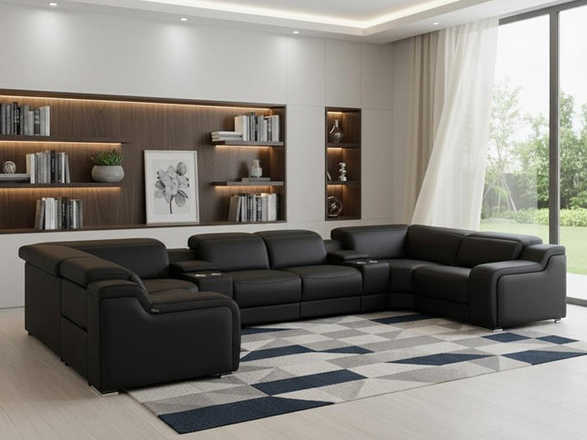 Black Italian Leather Power Reclining U Shaped Eight Piece Corner Sectional With Console