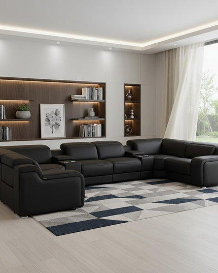 Black Italian Leather Power Reclining U Shaped Eight Piece Corner Sectional With Console