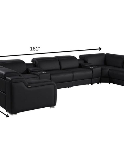 Black Italian Leather Power Reclining U Shaped Eight Piece Corner Sectional With Console