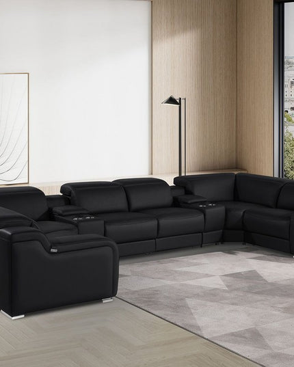 Black Italian Leather Power Reclining U Shaped Eight Piece Corner Sectional With Console