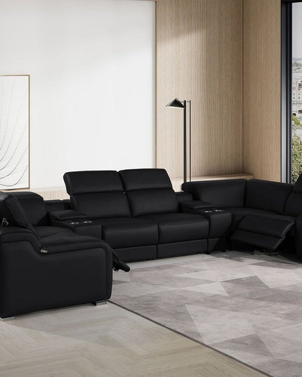 Black Italian Leather Power Reclining U Shaped Eight Piece Corner Sectional With Console