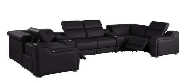 Black Italian Leather Power Reclining U Shaped Eight Piece Corner Sectional With Console