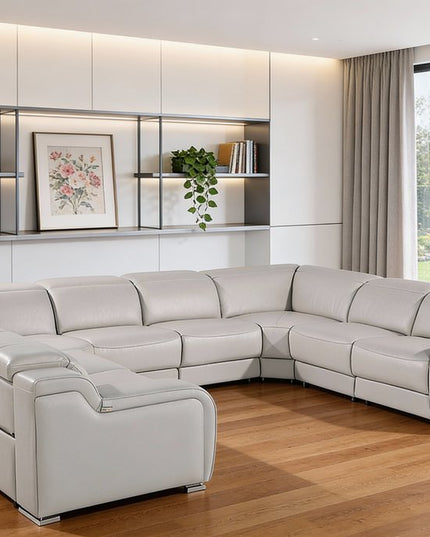 Light Gray Italian Leather Power Reclining U Shaped Eight Piece Corner Sectional With Console