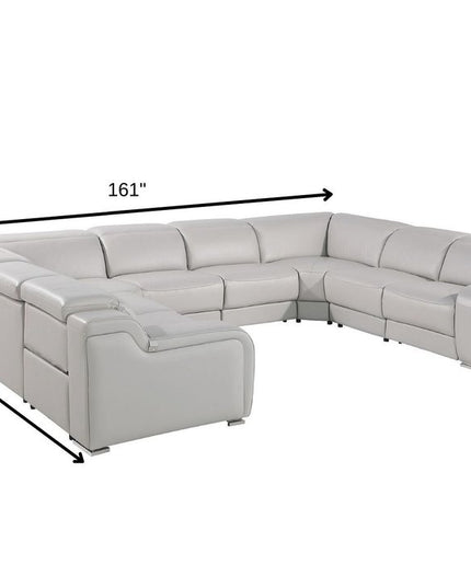Light Gray Italian Leather Power Reclining U Shaped Eight Piece Corner Sectional With Console