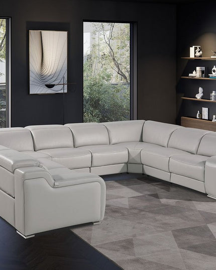 Light Gray Italian Leather Power Reclining U Shaped Eight Piece Corner Sectional With Console