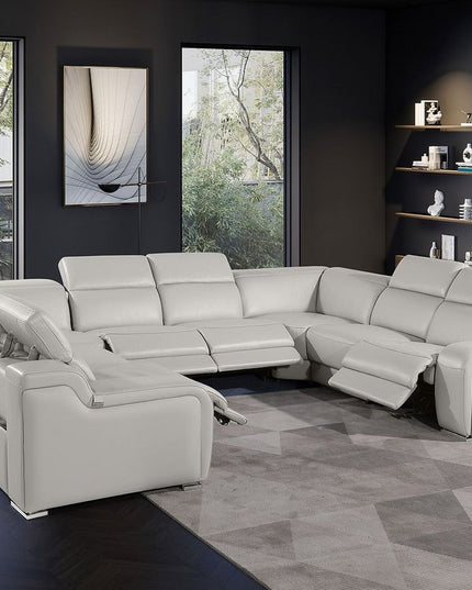 Light Gray Italian Leather Power Reclining U Shaped Eight Piece Corner Sectional With Console