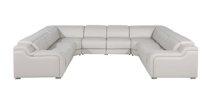 Light Gray Italian Leather Power Reclining U Shaped Eight Piece Corner Sectional With Console