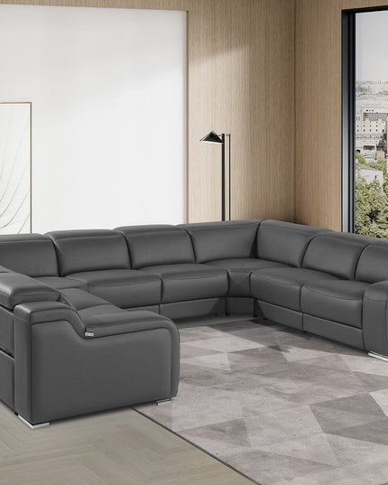 Dark Gray Italian Leather Power Reclining U Shaped Eight Piece Corner Sectional With Console