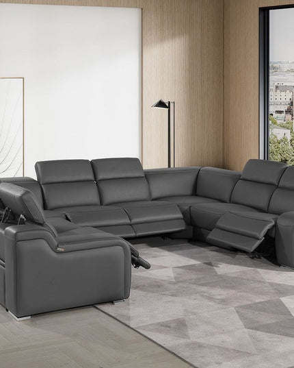Dark Gray Italian Leather Power Reclining U Shaped Eight Piece Corner Sectional With Console