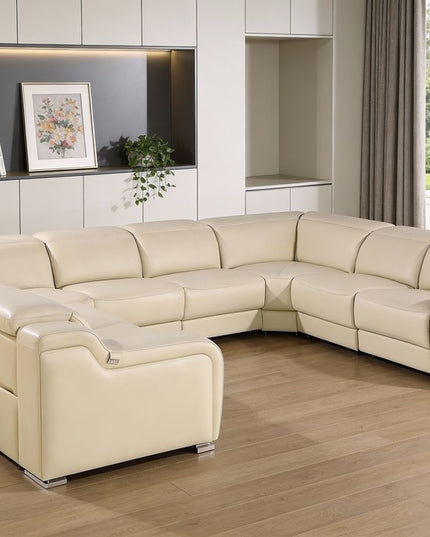 Beige Italian Leather Power Reclining U Shaped Eight Piece Corner Sectional With Console