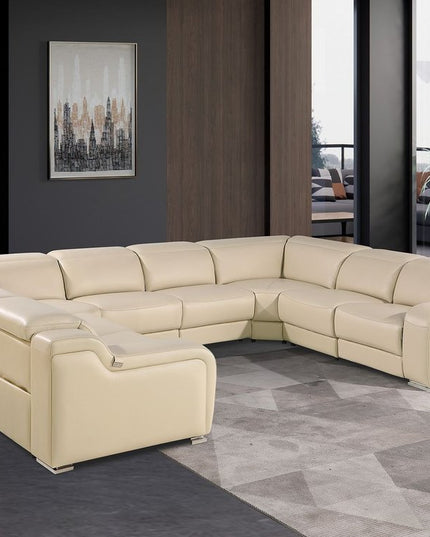 Beige Italian Leather Power Reclining U Shaped Eight Piece Corner Sectional With Console