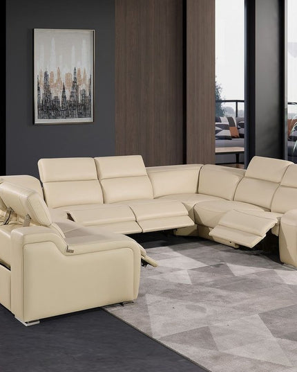 Beige Italian Leather Power Reclining U Shaped Eight Piece Corner Sectional With Console