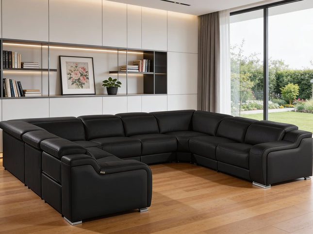 Black Italian Leather Power Reclining U Shaped Eight Piece Corner Sectional With Console