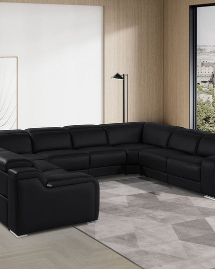 Black Italian Leather Power Reclining U Shaped Eight Piece Corner Sectional With Console