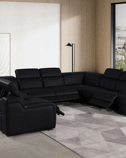 Black Italian Leather Power Reclining U Shaped Eight Piece Corner Sectional With Console