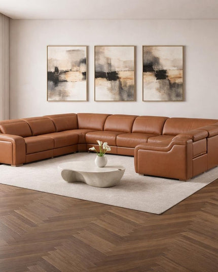 Chestnut Italian Leather Power Reclining U Shaped Eight Piece Corner Sectional With Console